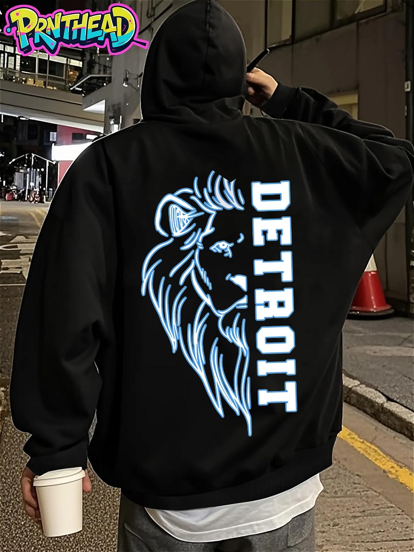 Detroit Lion Back Print Graphic Hoodie - Men's Streetwear