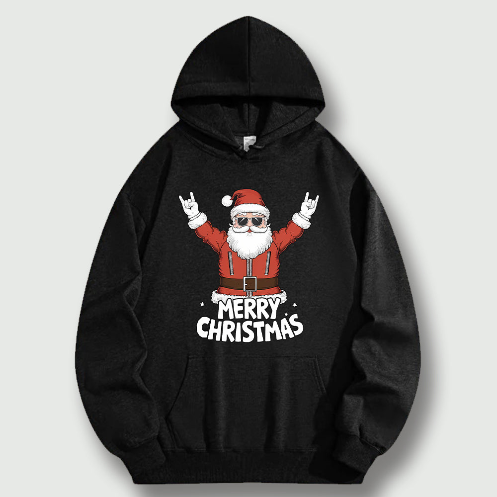 CusPrinting 'Rock & Roll Santa' Funny Christmas Graphic Hoodie（black）
