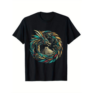 Men's black cotton crew neck T-shirt with vibrant dragon graphic for casual wear