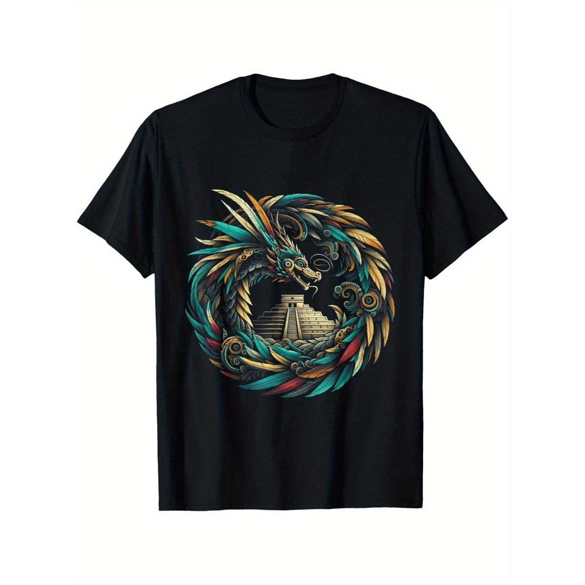 Men's black cotton crew neck T-shirt with vibrant dragon graphic for casual wear