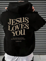 "Jesus Loves You" Slogan Graphic Hoodie - Men's