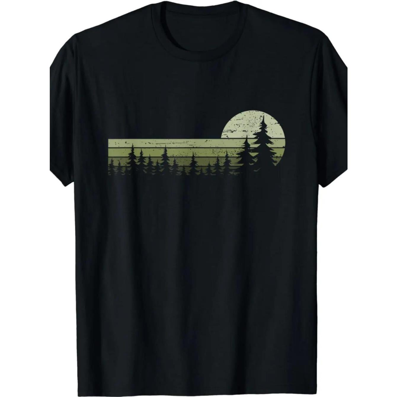 Men's Vintage Forest Sunset Graphic T-Shirt - Soft Cotton, Breathable, Crew Neck, Short Sleeve, Casual Outdoor Wear