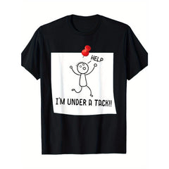 "Help! I'm being crushed by a nail!" Graphic T-Shirt - 100% cotton, breathable short sleeves, humorous stickman graphic design, perfect for all seasons