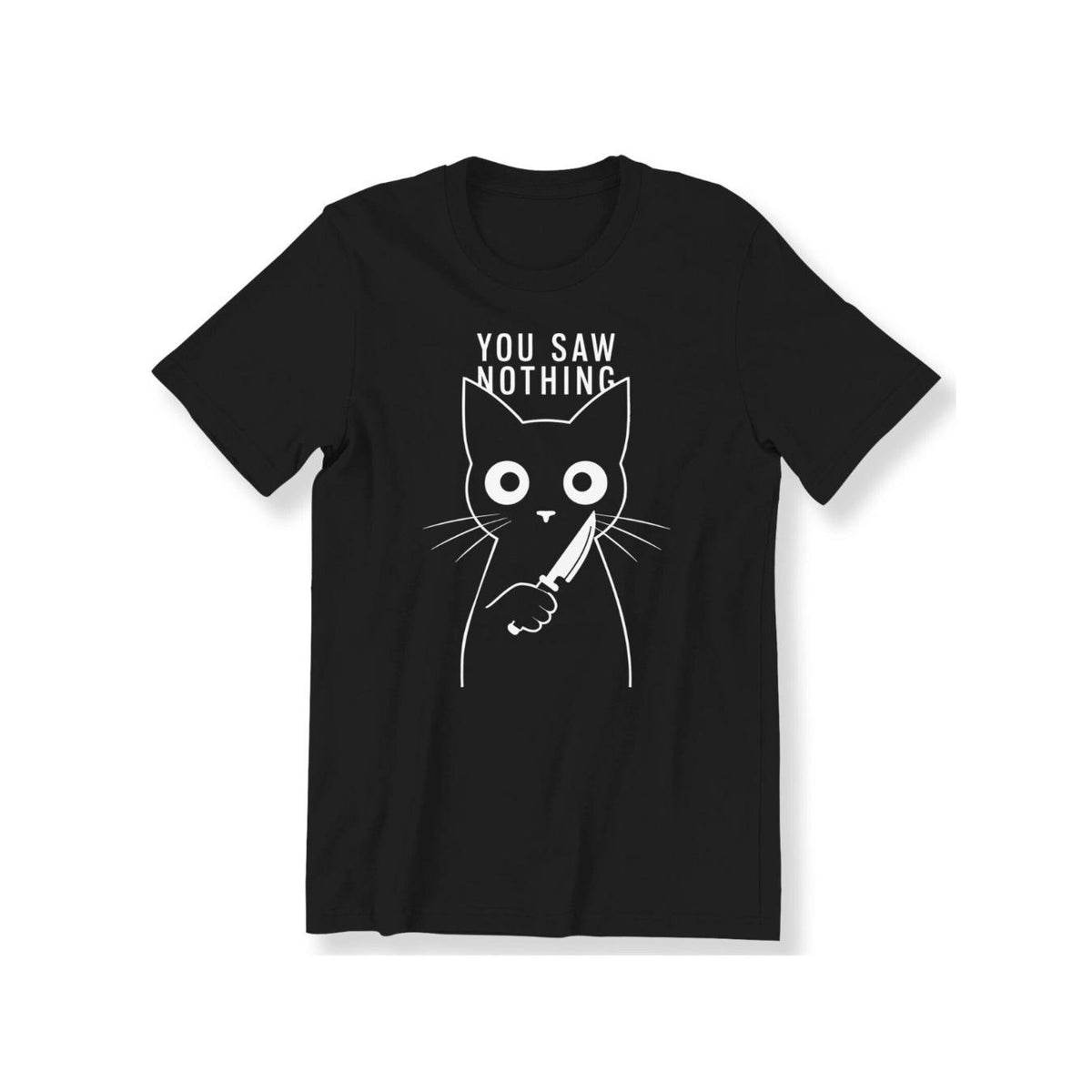 Funny cat graphic t-shirts for men and women, black cotton t-shirt with white cat and knife graphic, casual crew neck, machine washable, cat t-shirt