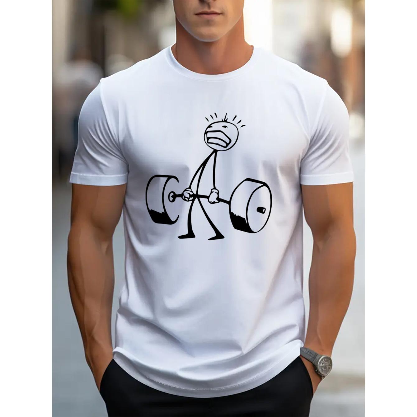 Men's Graphic Weightlifting Print T-Shirt, Casual Street Style Breathable Crew Neck Tee, Short Sleeve Comfort Top for Spring/Summer Vacation, White with Black Dumbbell Design, Gym Shirt, Summer Leisurewear, Durable Fabric