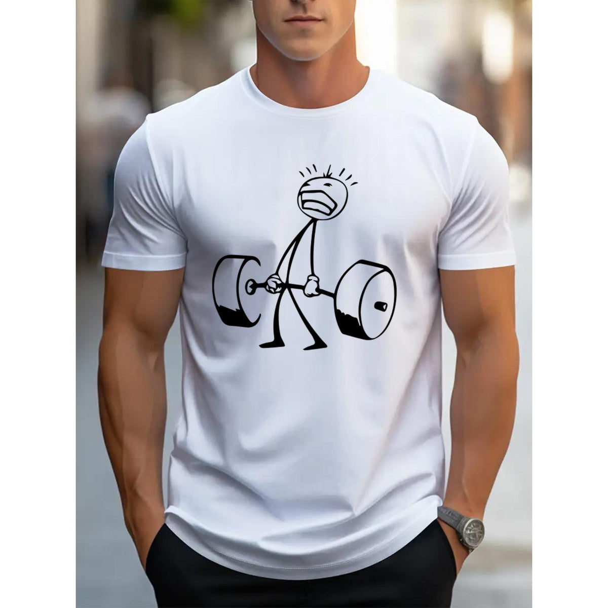 Men's Graphic Weightlifting Print T-Shirt, Casual Street Style Breathable Crew Neck Tee, Short Sleeve Comfort Top for Spring/Summer Vacation, White with Black Dumbbell Design, Gym Shirt, Summer Leisurewear, Durable Fabric