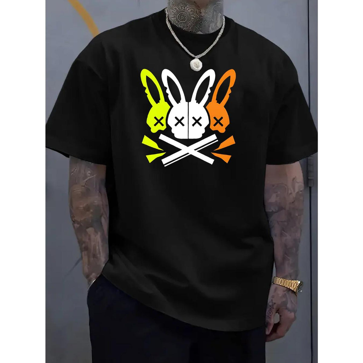 Men's Casual Crew Neck T-Shirt with Unique Bunny Skull Design - Soft and Machine Washable - Perfect for Summer