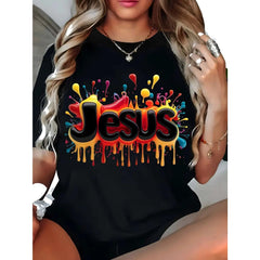 Women's Jesus Paint Splatter Graphic Cotton T-Shirt