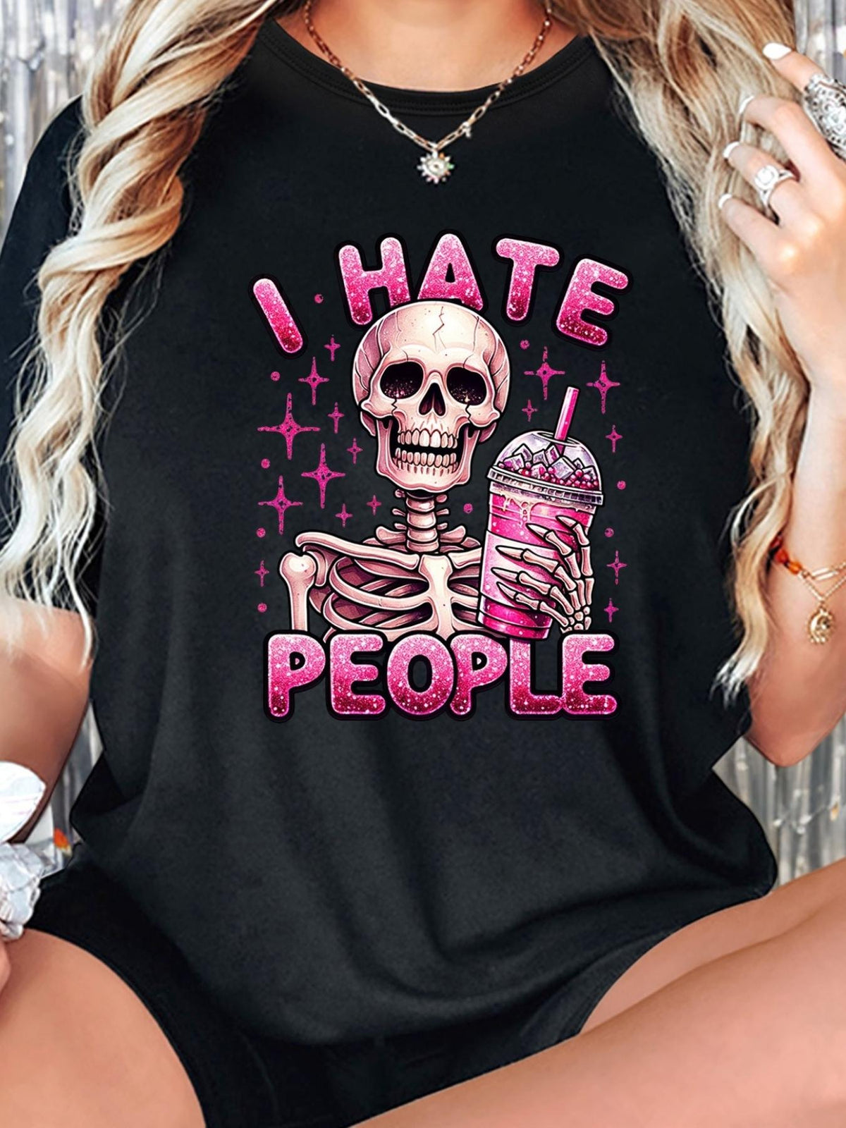Women's "I HATE PEOPLE" Skeleton Bold Statement T-Shirt